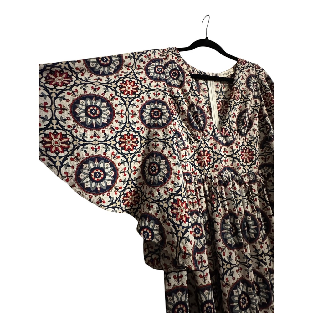 Impressions Medallion Print Maxi Dress Blue Red Ruffle Bell Sleeve Large Boho - Picture 3 of 12